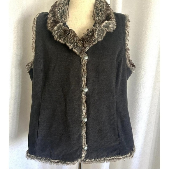 J. Jill Gray Faux Fur Trim Button-Down Vest Women's Large, Pockets - Picture 2 of 9